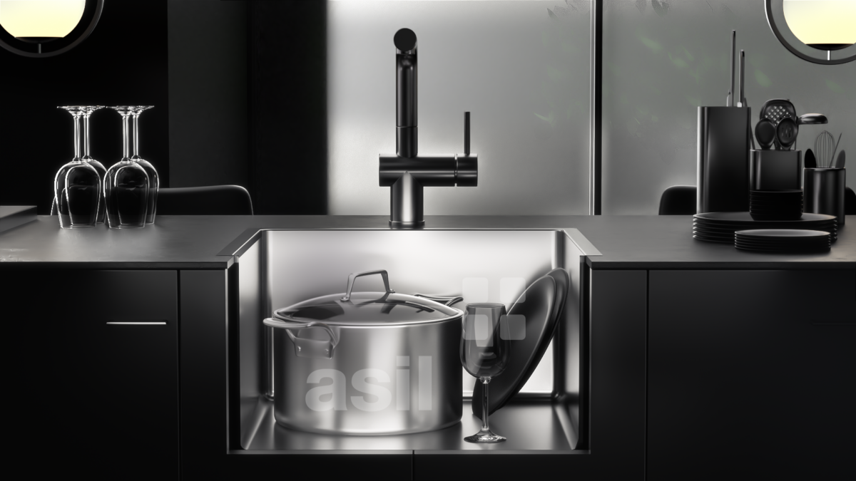 a kitchen sink with a pot and a glass of wine