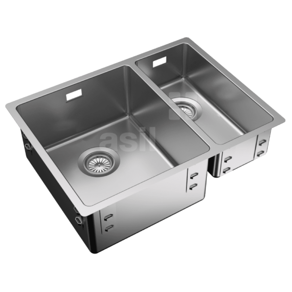 Asil Krom AS368R Stainless Steel Kitchen Sink.1.5 Eyes, Under Countertop, Siphoned 44x58 Right