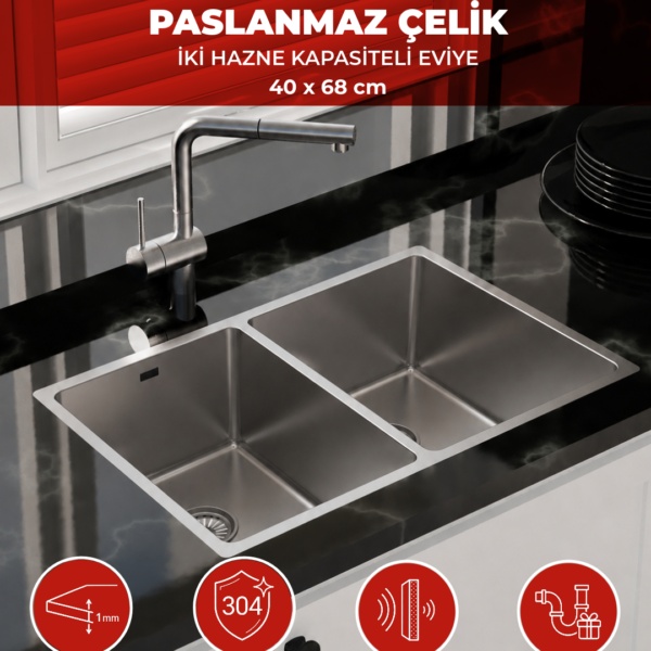 Siyah mermer tezgâhta Asil Krom AS370 çift gözlü paslanmaz çelik evye ve musluk