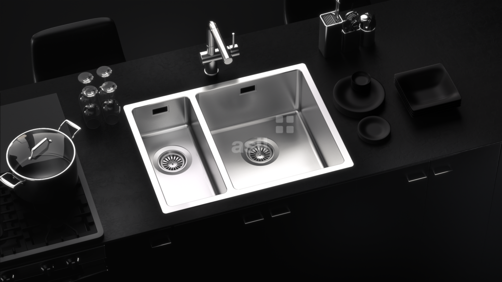 a black counter top with a double sink and faucet
