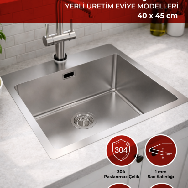 Asil Krom AS 382 40×45 cm tek gözlü paslanmaz çelik evye, gri tezgahta bataryayla mutfakta kullanım
