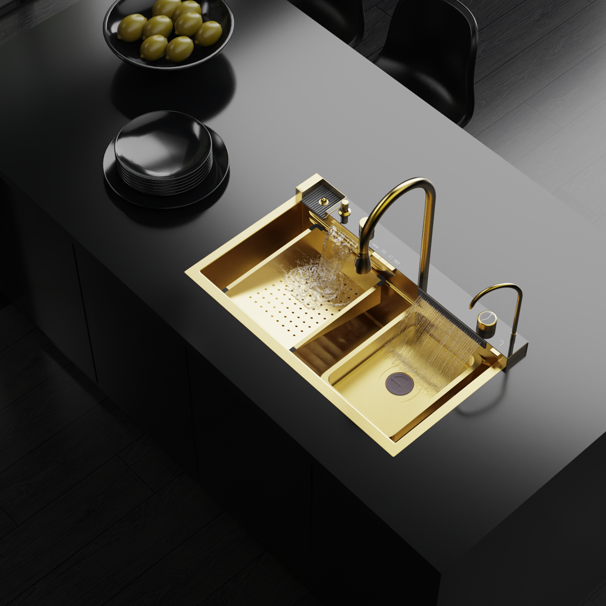 Digital Luxury Waterfall Design Smart Kitchen Sink AS3547 75×45 cm. Gold