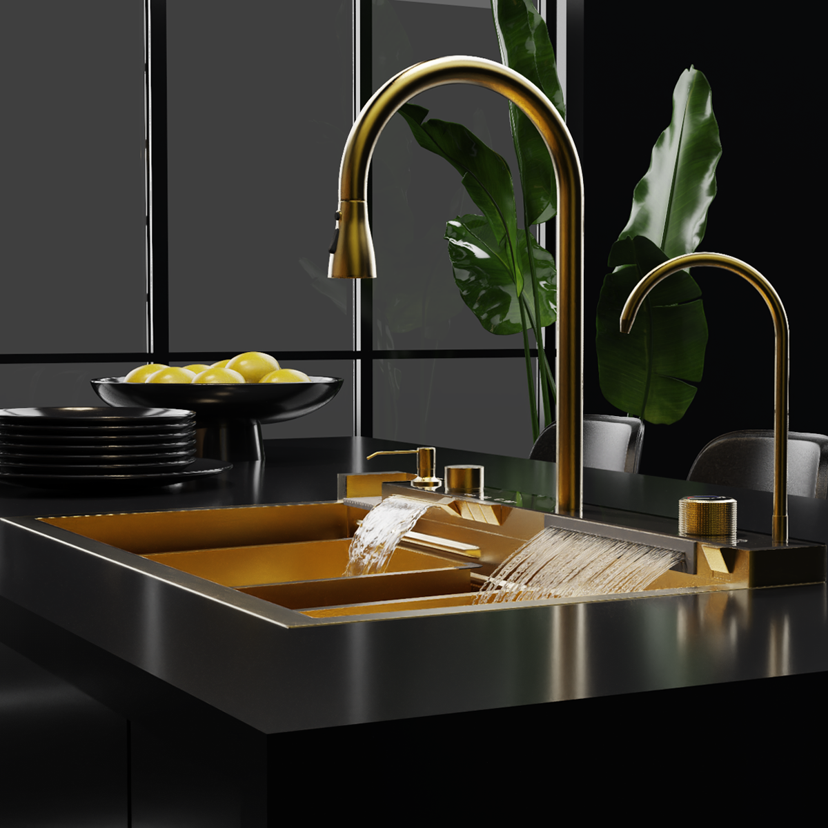 Digital Luxury Waterfall Design Smart Kitchen Sink AS3547 75×45 cm. Gold