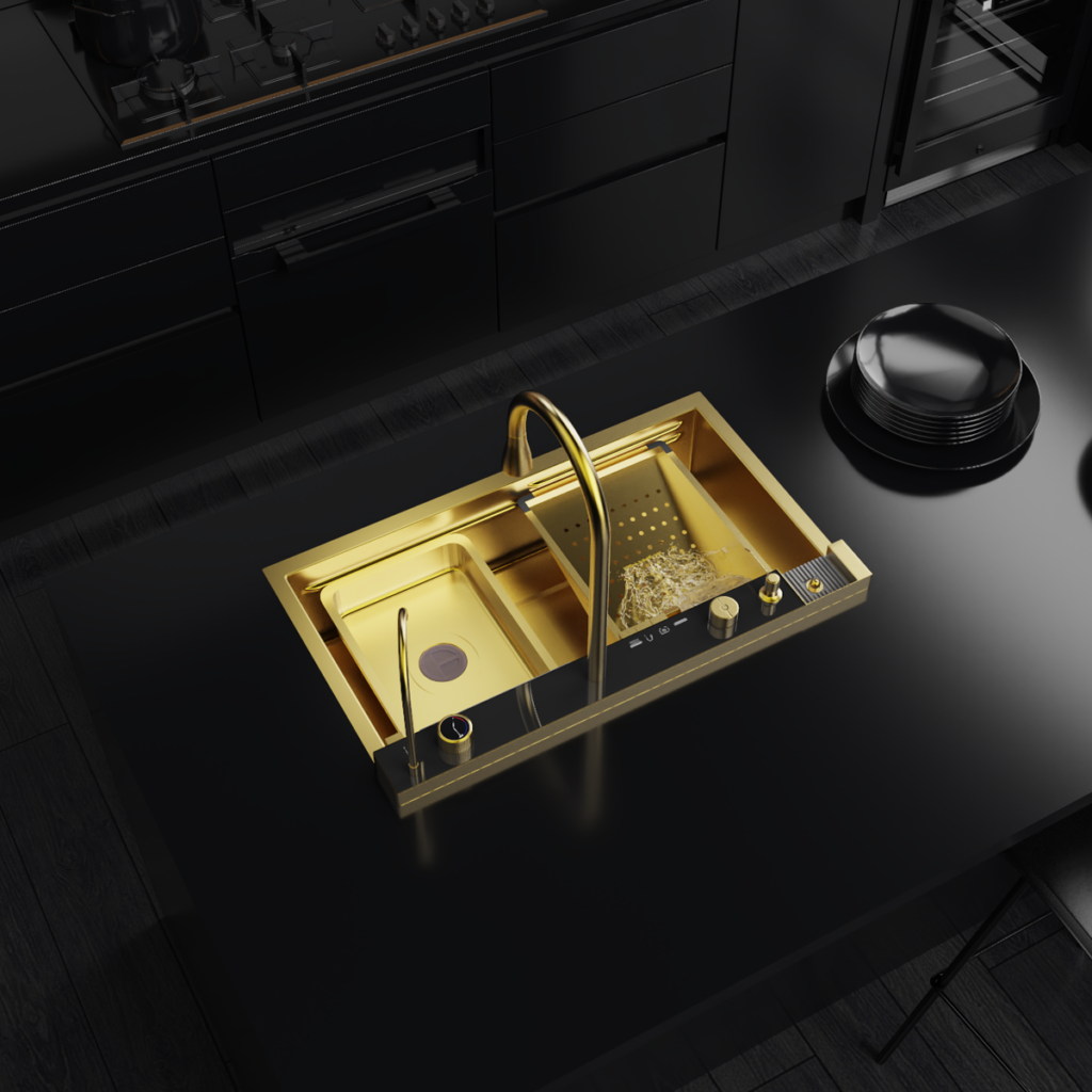 Digital Luxury Waterfall Design Smart Kitchen Sink AS3547 75×45 cm. Gold