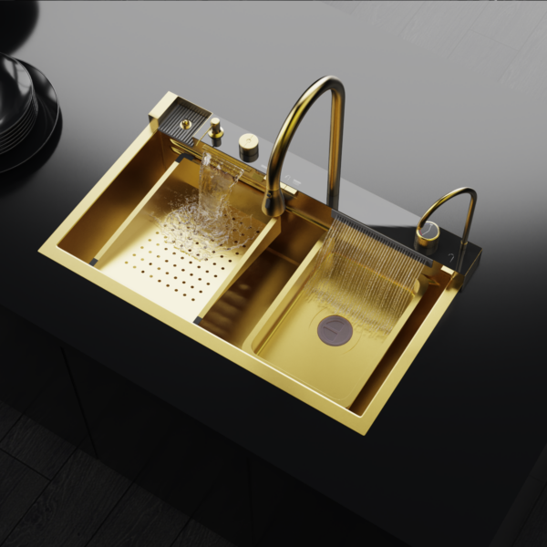 Digital Luxury Waterfall Design Smart Kitchen Sink AS3547 75×45 cm. Gold