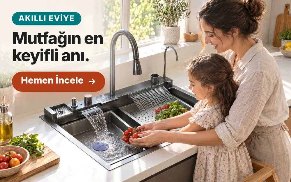 Anne ve kızı akıllı eviyede şelale modunu kullanarak sebze yıkıyor