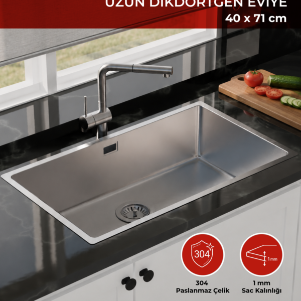 Siyah tezgaha monte AS 299 tek gözlü paslanmaz çelik eviye, 40x71 cm, bataryası ve sepet süzgeci ile mutfakta