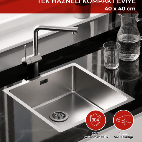 Asil Krom AS357 tek gözlü paslanmaz çelik eviye, siyah mermer tezgahta çekmeli bataryayla, 40×40 cm